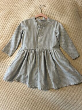 Girls' Long-Sleeve Blue Striped Cotton Dress